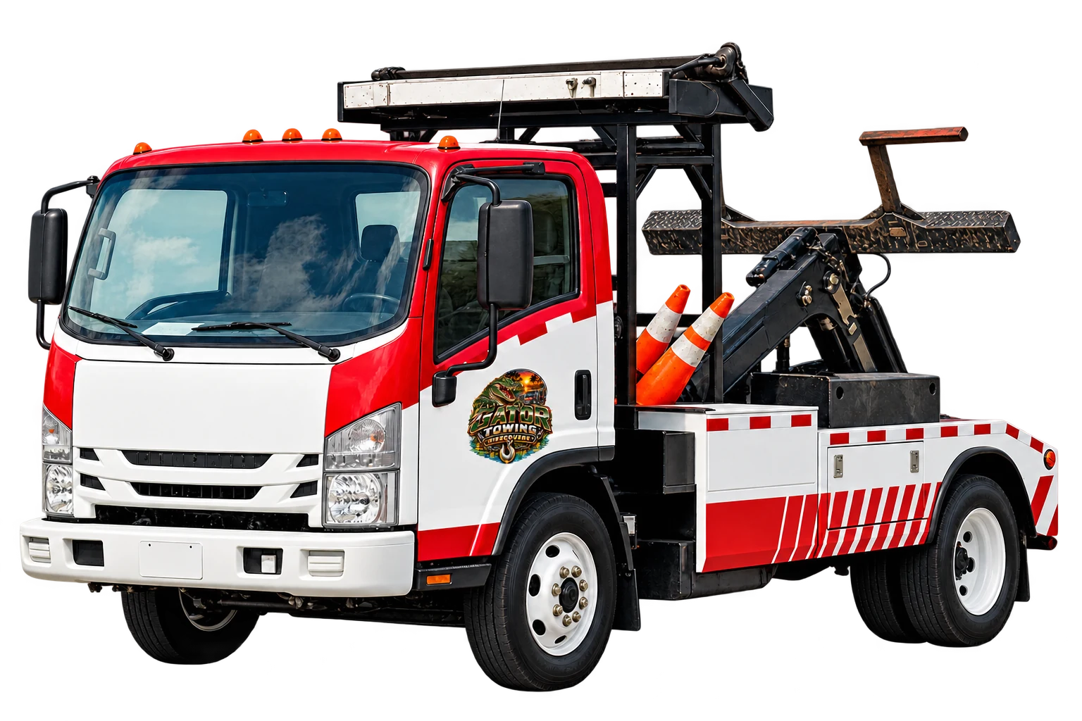 Wheel-lift recovery truck with a small Gator Towing and Recovery door decal, shown without a background