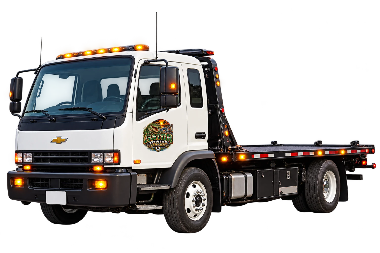 Cab-over flatbed with a small Gator Towing and Recovery door decal, shown without a background